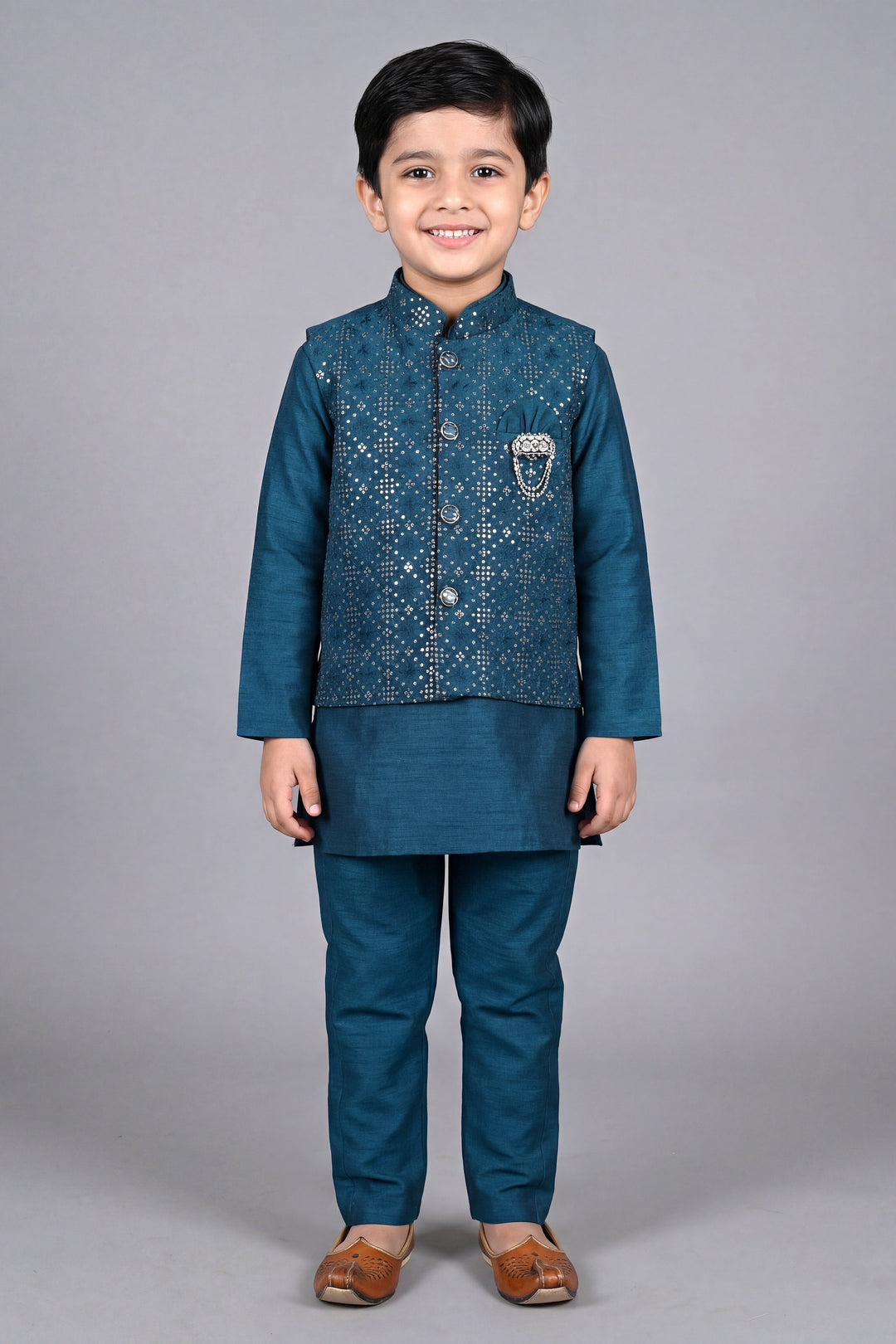Boys Cotton Silk Kurta Pyjama Set with Geometric Sequined Waistcoat - Teal Blue | SHOBITAM
