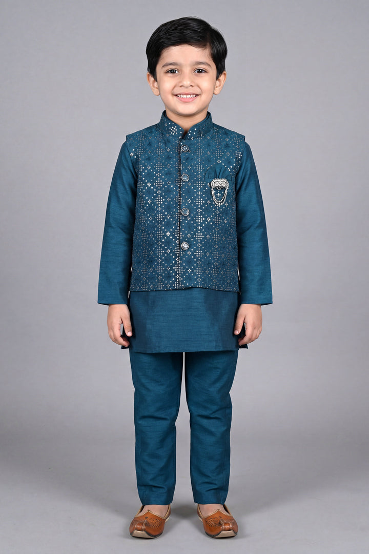 Boys Cotton Silk Kurta Pyjama Set with Geometric Sequined Waistcoat - Teal Blue | SHOBITAM