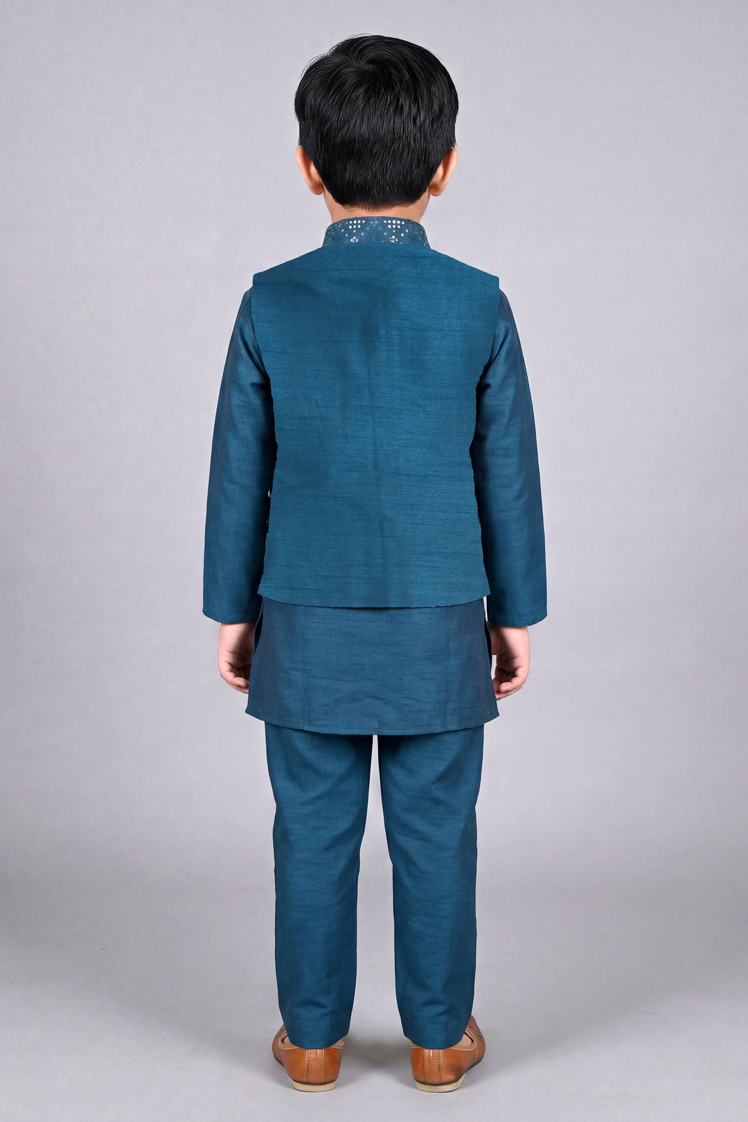 Boys Cotton Silk Kurta Pyjama Set with Geometric Sequined Waistcoat - Teal Blue | SHOBITAM