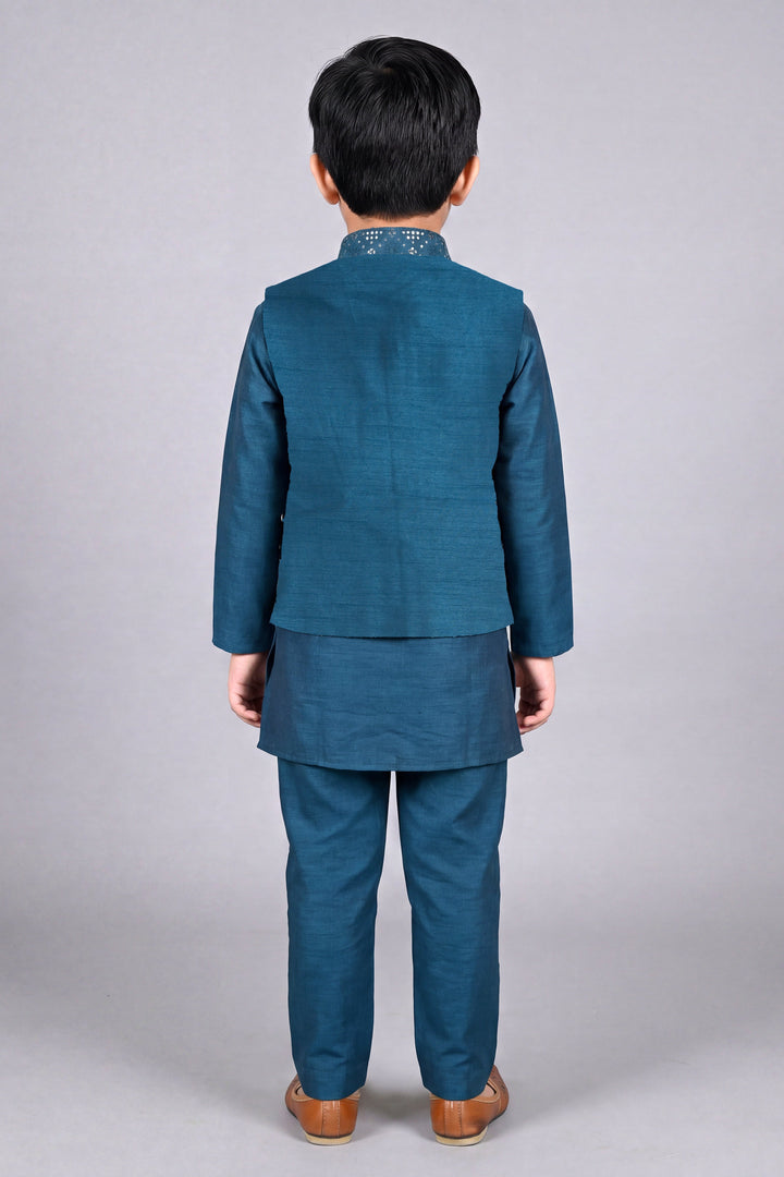 Boys Cotton Silk Kurta Pyjama Set with Geometric Sequined Waistcoat - Teal Blue | SHOBITAM