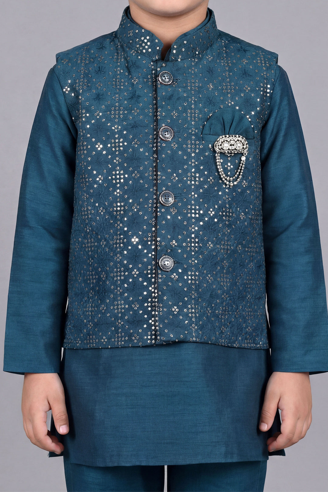 Boys Cotton Silk Kurta Pyjama Set with Geometric Sequined Waistcoat - Teal Blue | SHOBITAM