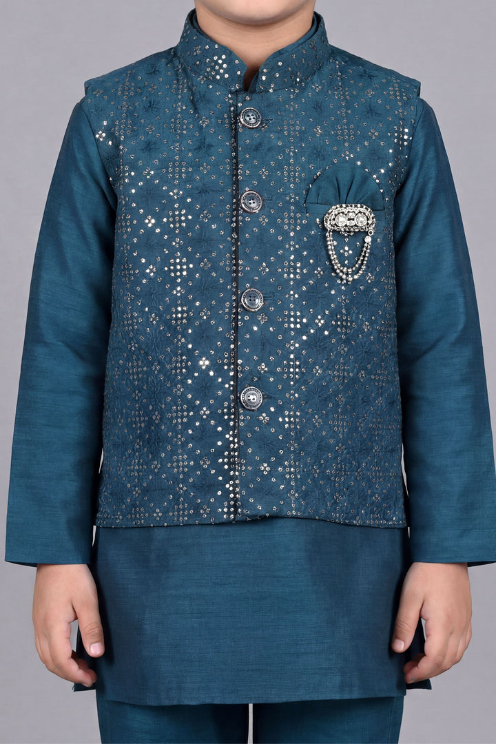 Boys Cotton Silk Kurta Pyjama Set with Geometric Sequined Waistcoat - Teal Blue | SHOBITAM