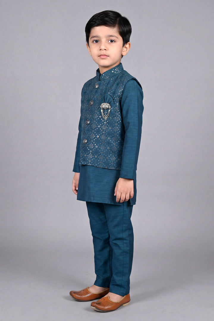 Boys Cotton Silk Kurta Pyjama Set with Geometric Sequined Waistcoat - Teal Blue | SHOBITAM