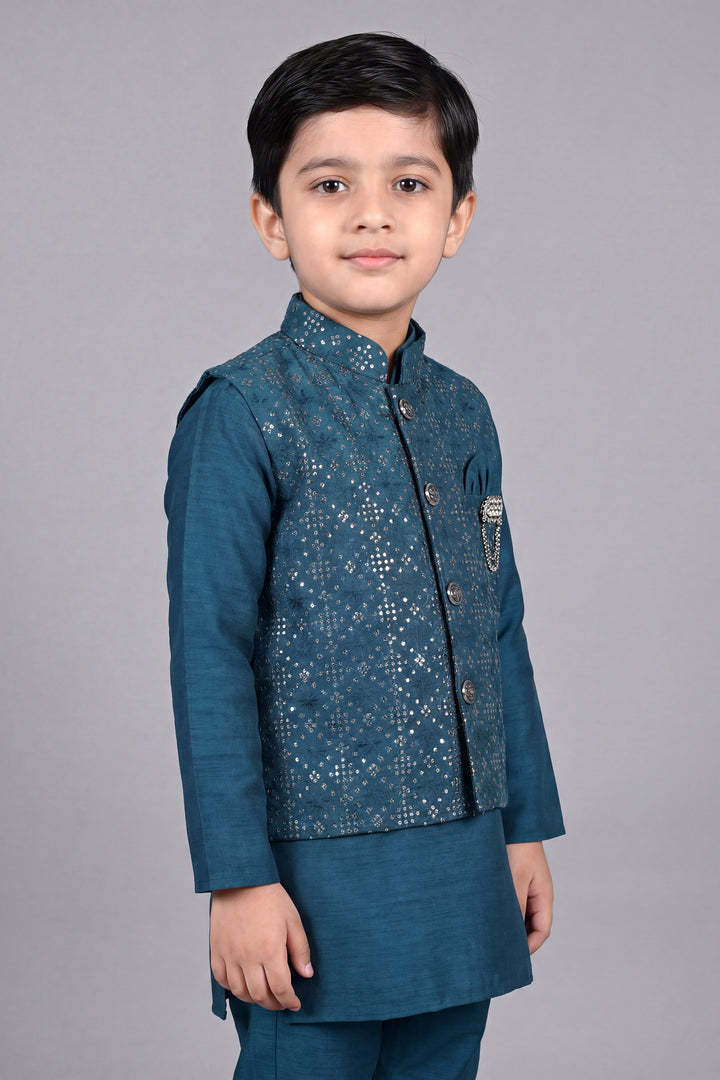 Boys Cotton Silk Kurta Pyjama Set with Geometric Sequined Waistcoat - Teal Blue | SHOBITAM