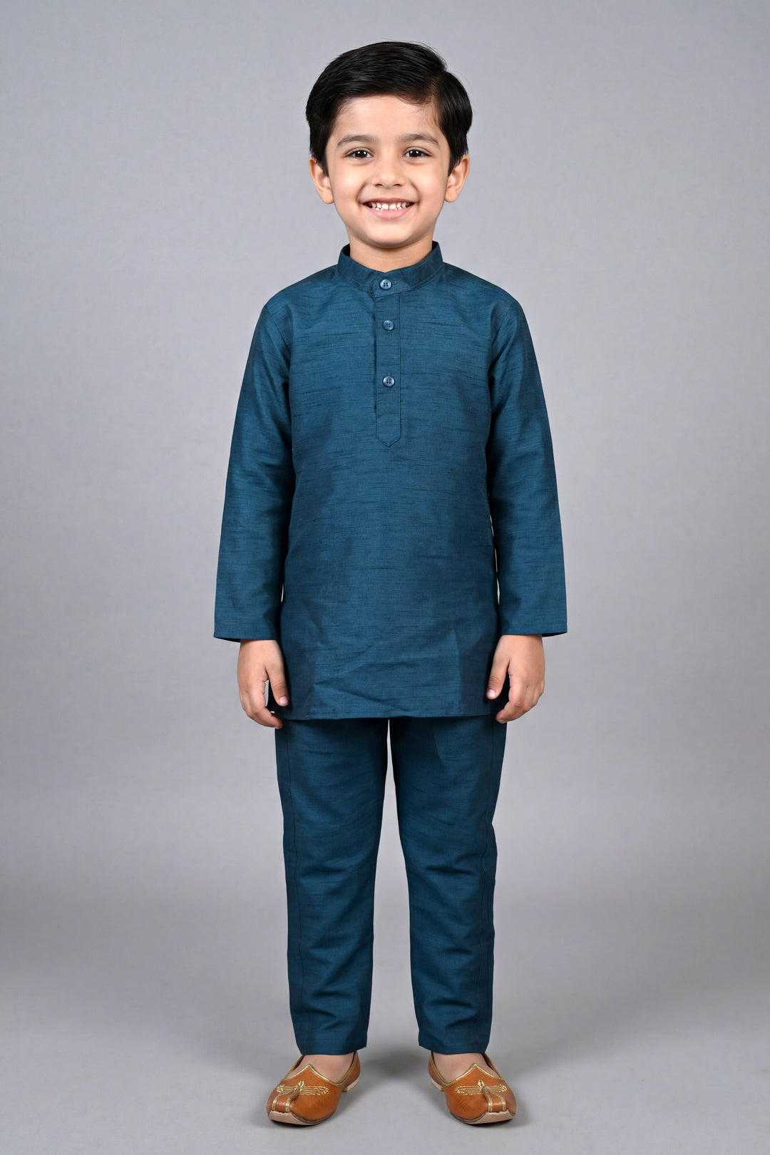 Boys Cotton Silk Kurta Pyjama Set with Geometric Sequined Waistcoat - Teal Blue | SHOBITAM