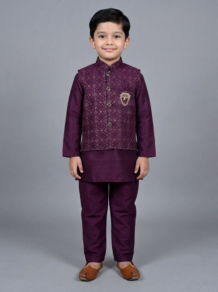 Boys Cotton Silk Kurta Pyjama Set with Geometric Sequined Waistcoat - Wine | SHOBITAM