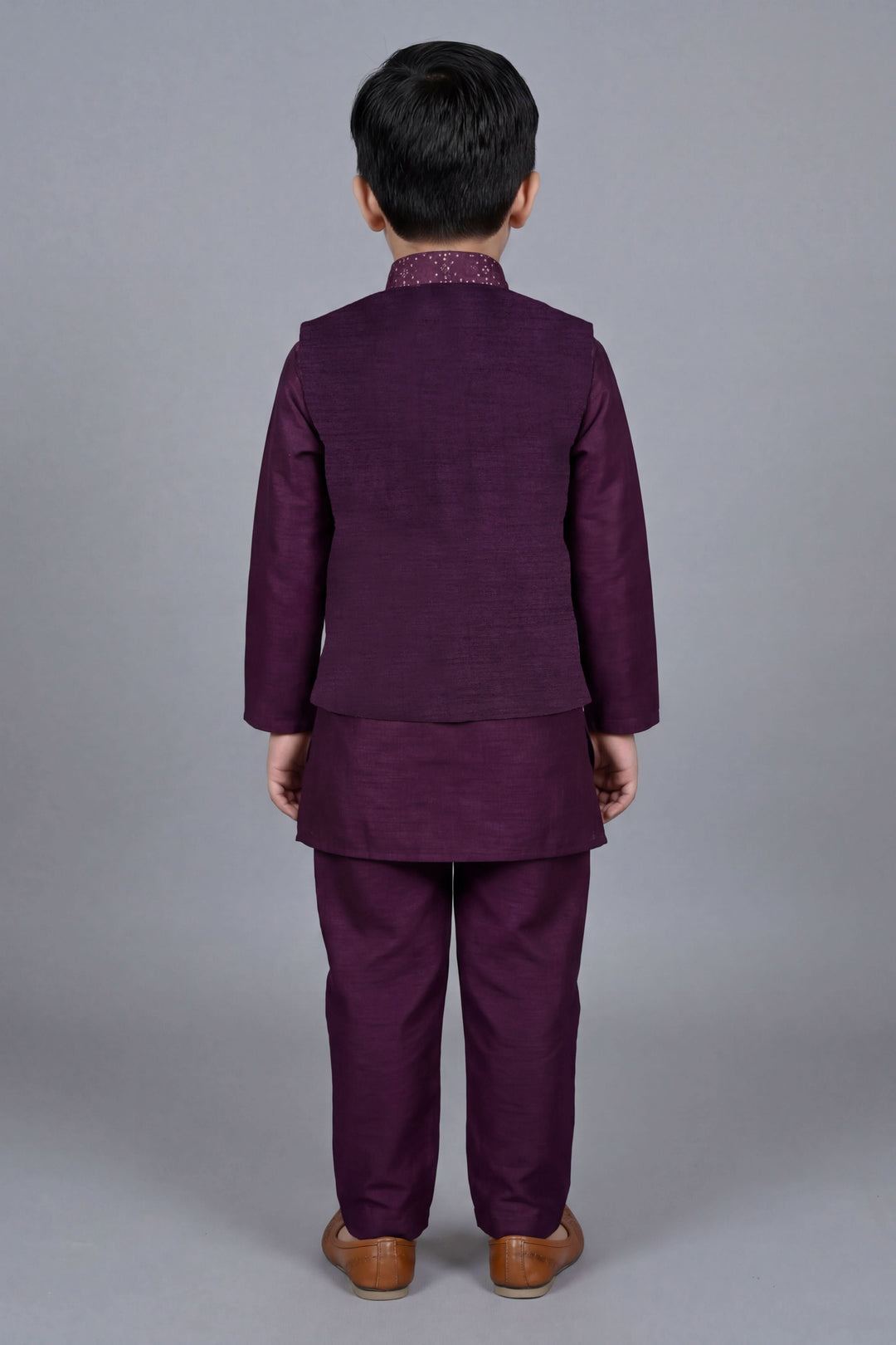 Boys Cotton Silk Kurta Pyjama Set with Geometric Sequined Waistcoat - Wine | SHOBITAM