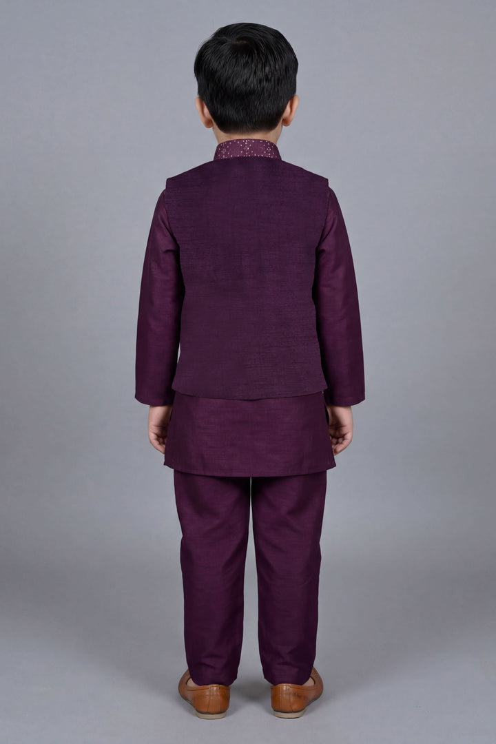 Boys Cotton Silk Kurta Pyjama Set with Geometric Sequined Waistcoat - Wine | SHOBITAM