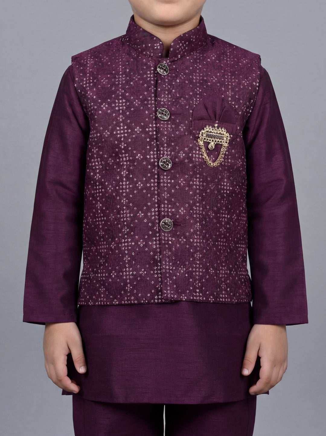 Boys Cotton Silk Kurta Pyjama Set with Geometric Sequined Waistcoat - Wine | SHOBITAM