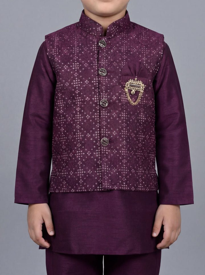Boys Cotton Silk Kurta Pyjama Set with Geometric Sequined Waistcoat - Wine | SHOBITAM