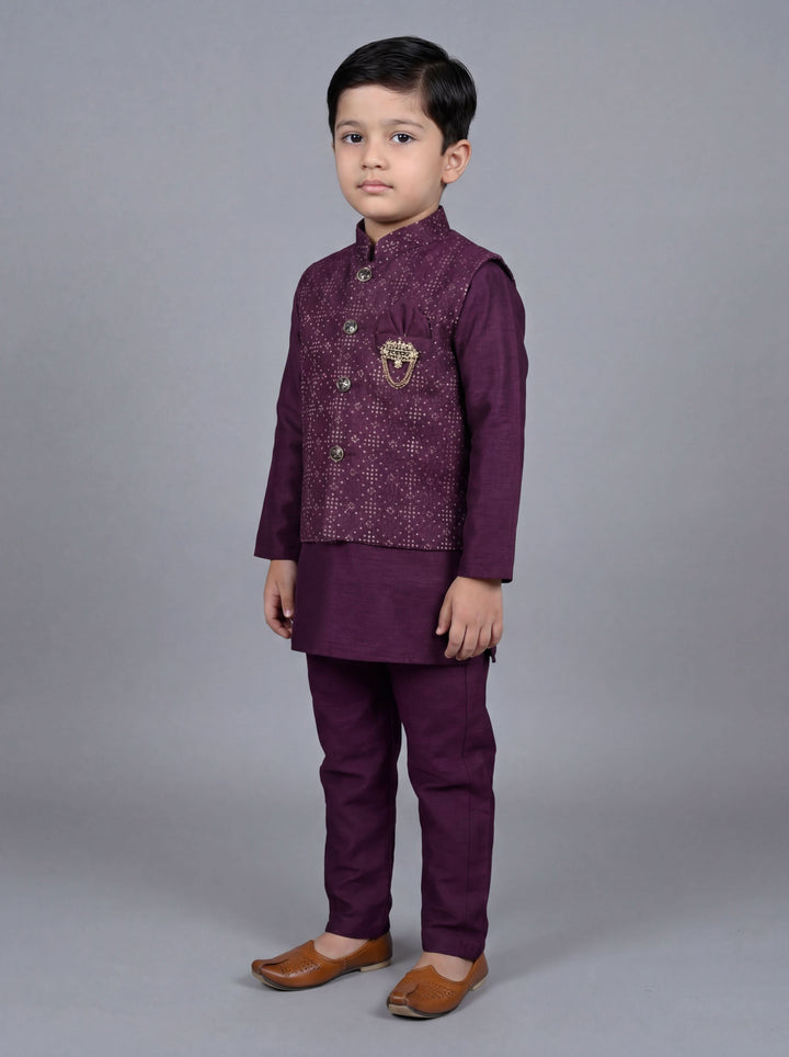 Boys Cotton Silk Kurta Pyjama Set with Geometric Sequined Waistcoat - Wine | SHOBITAM