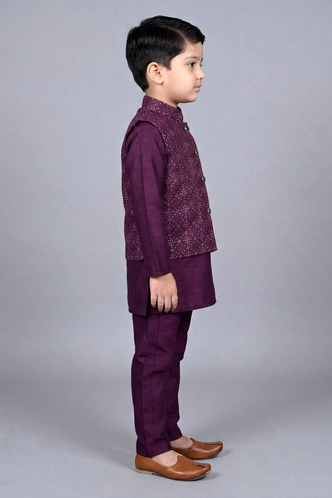 Boys Cotton Silk Kurta Pyjama Set with Geometric Sequined Waistcoat - Wine | SHOBITAM