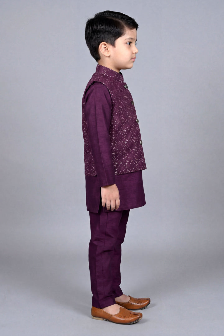 Boys Cotton Silk Kurta Pyjama Set with Geometric Sequined Waistcoat - Wine | SHOBITAM