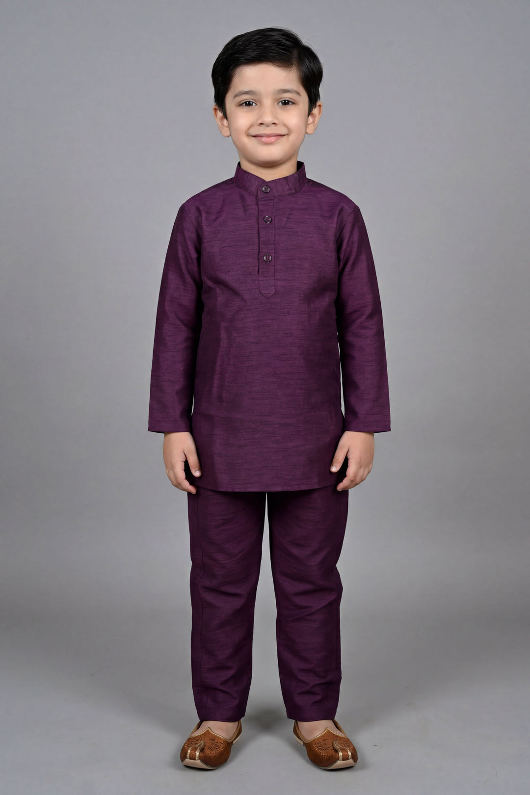 Boys Cotton Silk Kurta Pyjama Set with Geometric Sequined Waistcoat - Wine | SHOBITAM