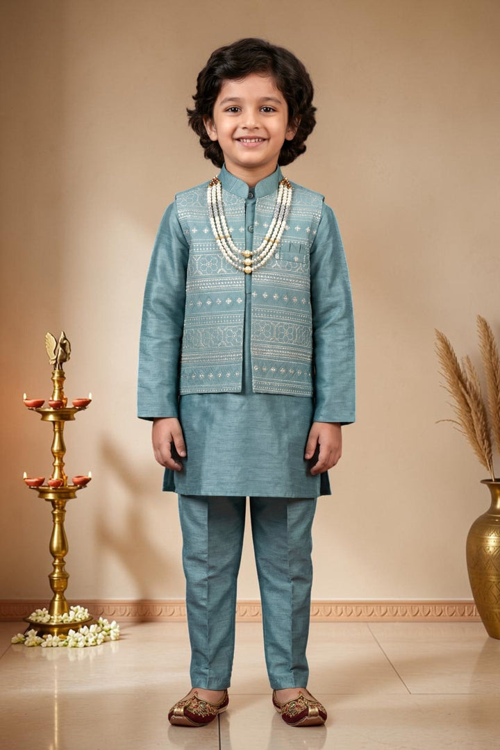 Boys Satin Kurta Trouser Set With Floral Embroidered Sequined Waistcoat & Necklace - Teal | SHOBITAM