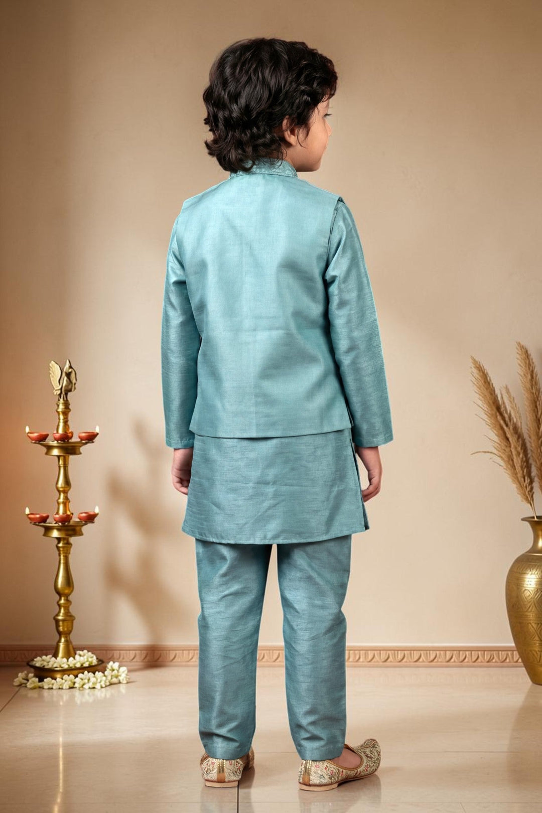 Boys Satin Kurta Trouser Set With Floral Embroidered Sequined Waistcoat & Necklace - Teal | SHOBITAM