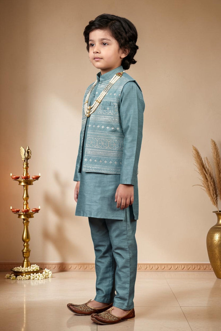 Boys Satin Kurta Trouser Set With Floral Embroidered Sequined Waistcoat & Necklace - Teal | SHOBITAM