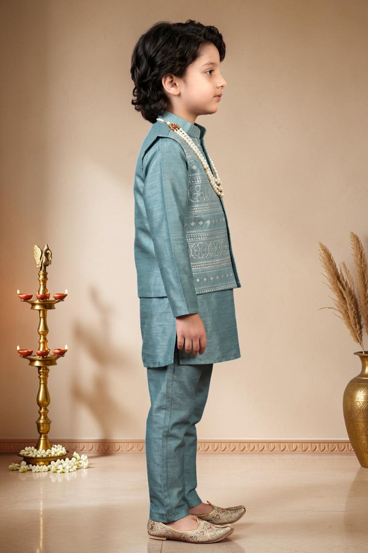 Boys Satin Kurta Trouser Set With Floral Embroidered Sequined Waistcoat & Necklace - Teal | SHOBITAM