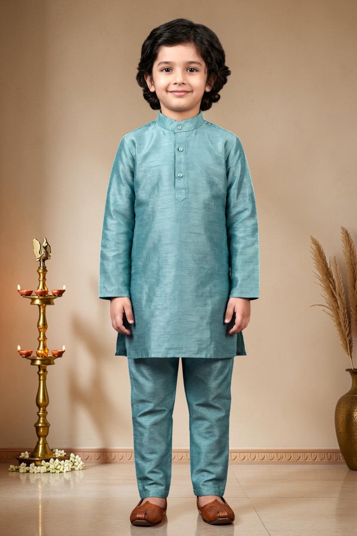 Boys Satin Kurta Trouser Set With Floral Embroidered Sequined Waistcoat & Necklace - Teal | SHOBITAM