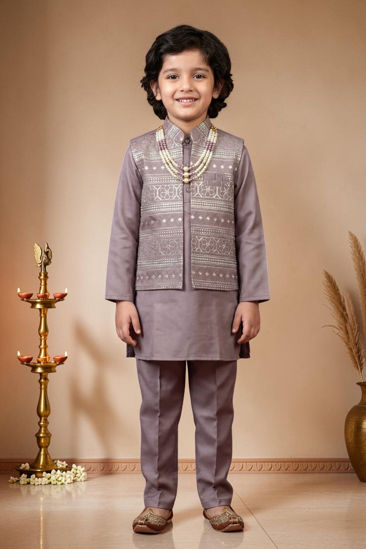 Boys Satin Kurta Trouser Set With Floral Embroidered Sequined Waistcoat & Necklace - Mauve | SHOBITAM