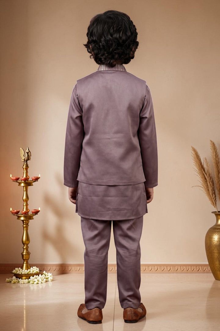 Boys Satin Kurta Trouser Set With Floral Embroidered Sequined Waistcoat & Necklace - Mauve | SHOBITAM
