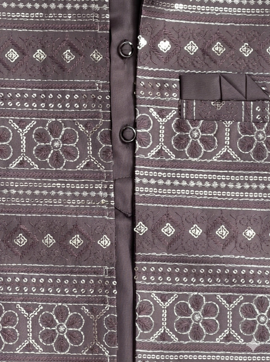 Boys Satin Kurta Trouser Set With Floral Embroidered Sequined Waistcoat & Necklace - Mauve | SHOBITAM