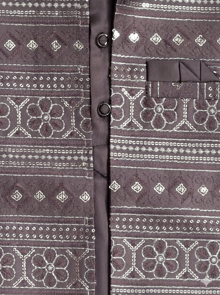 Boys Satin Kurta Trouser Set With Floral Embroidered Sequined Waistcoat & Necklace - Mauve | SHOBITAM