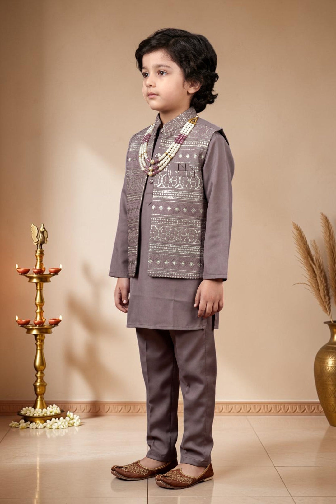 Boys Satin Kurta Trouser Set With Floral Embroidered Sequined Waistcoat & Necklace - Mauve | SHOBITAM