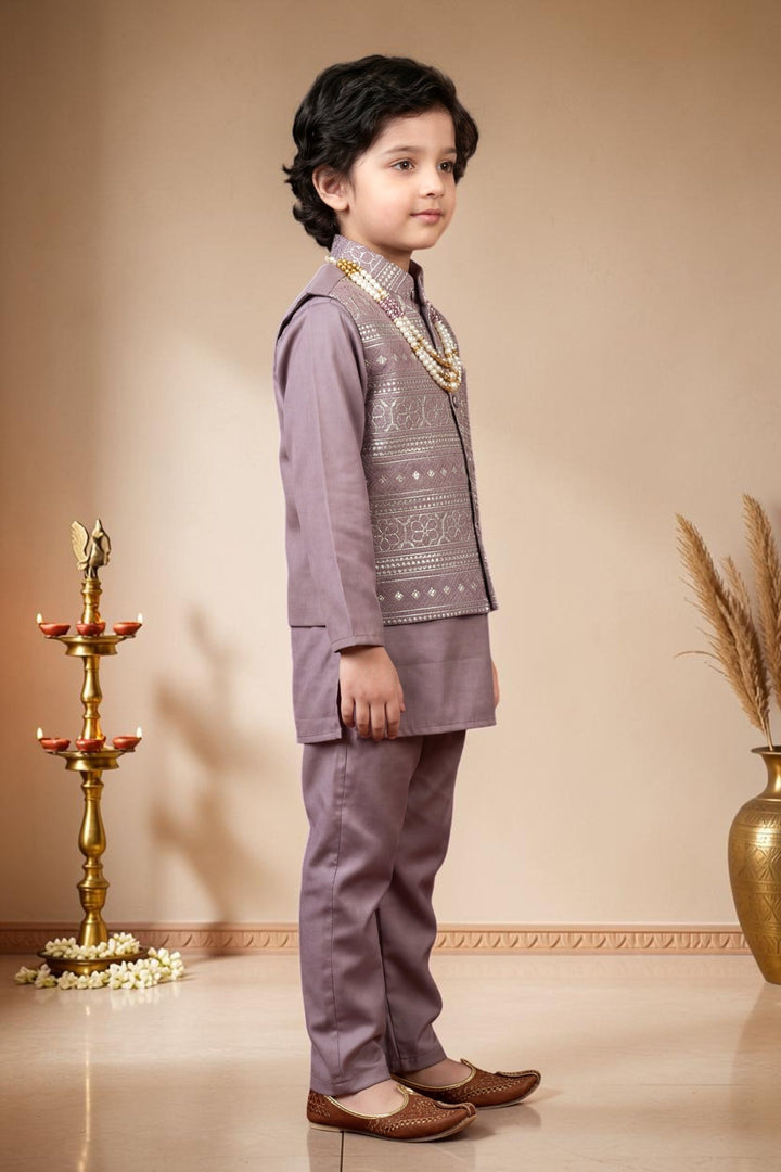 Boys Satin Kurta Trouser Set With Floral Embroidered Sequined Waistcoat & Necklace - Mauve | SHOBITAM