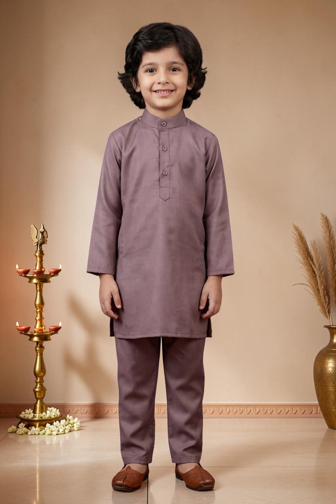 Boys Satin Kurta Trouser Set With Floral Embroidered Sequined Waistcoat & Necklace - Mauve | SHOBITAM