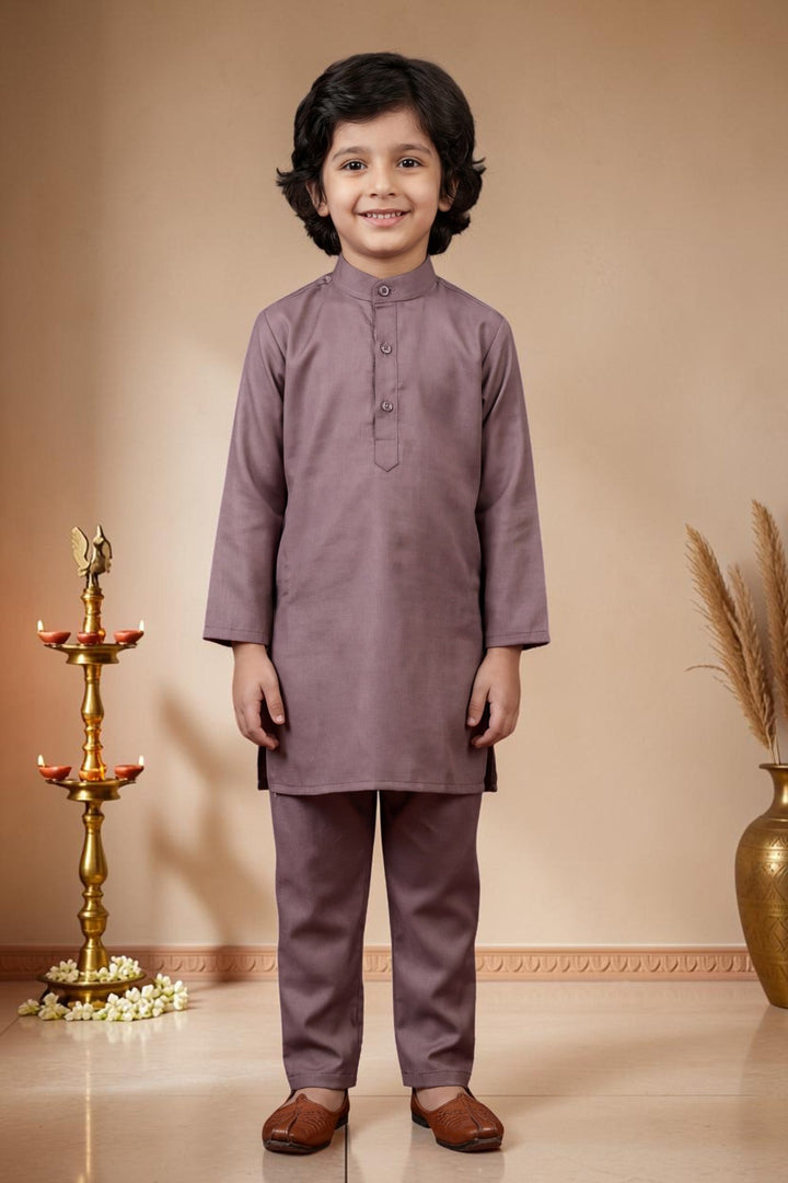 Boys Satin Kurta Trouser Set With Floral Embroidered Sequined Waistcoat & Necklace - Mauve | SHOBITAM