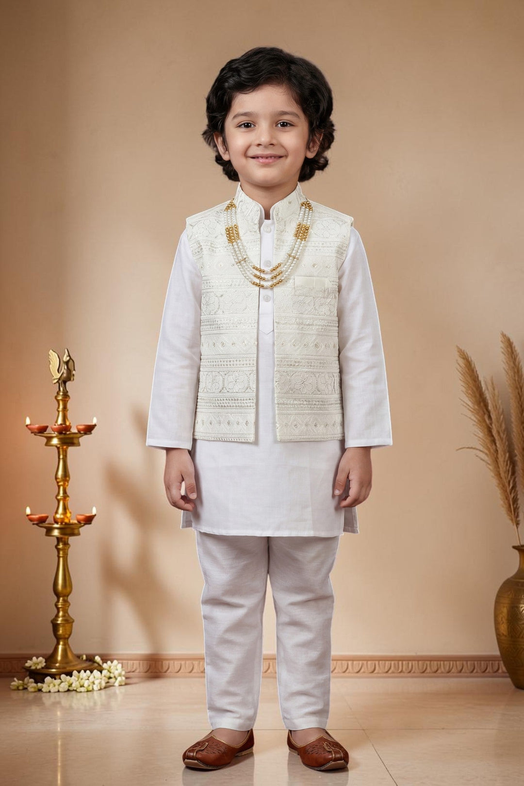 Boys Satin Kurta Trouser Set With Floral Embroidered Sequined Waistcoat & Necklace - White | SHOBITAM