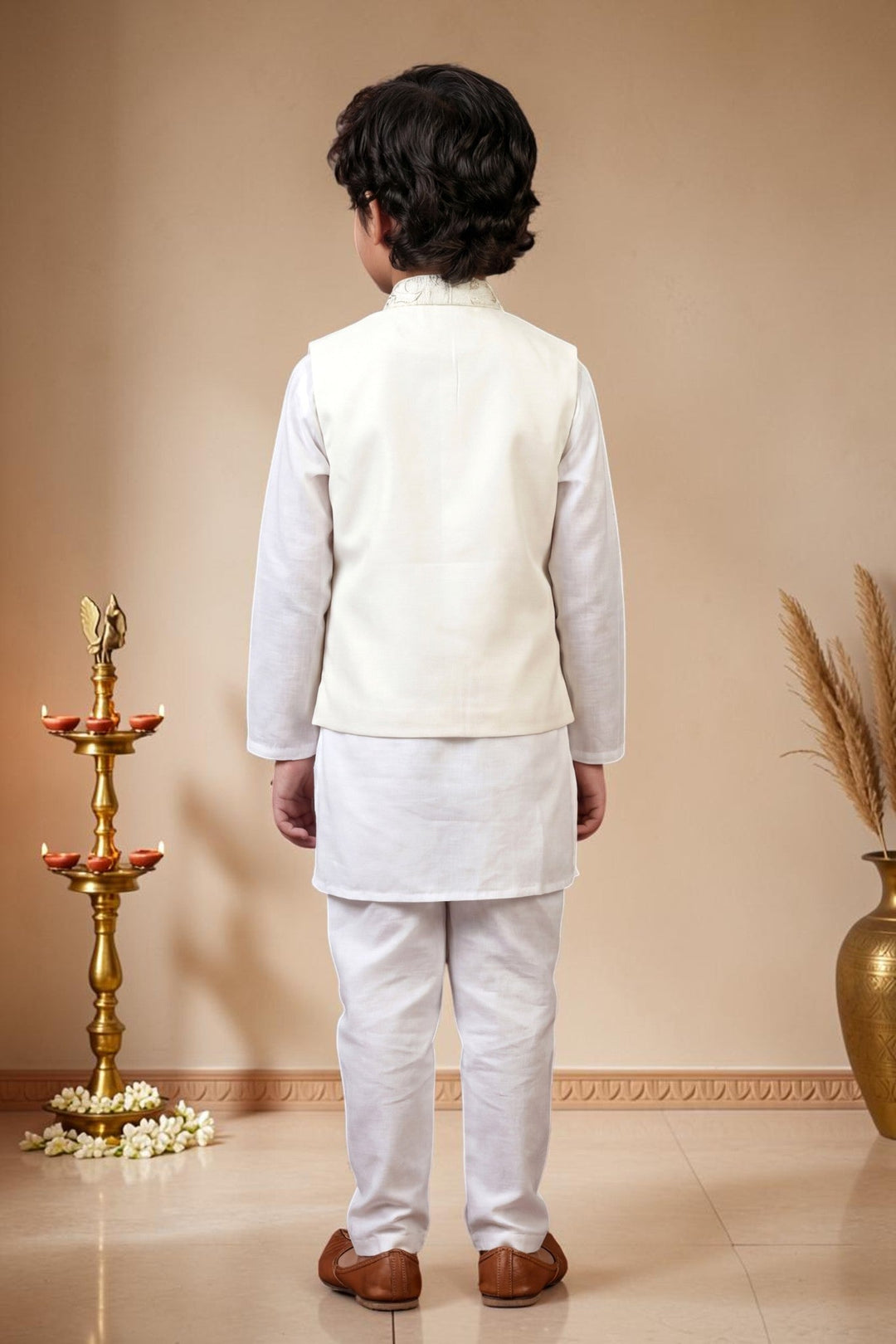Boys Satin Kurta Trouser Set With Floral Embroidered Sequined Waistcoat & Necklace - White | SHOBITAM