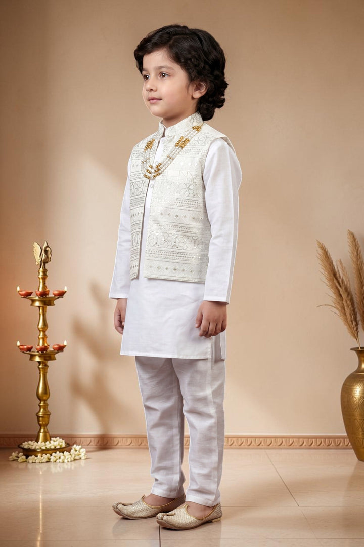 Boys Satin Kurta Trouser Set With Floral Embroidered Sequined Waistcoat & Necklace - White | SHOBITAM