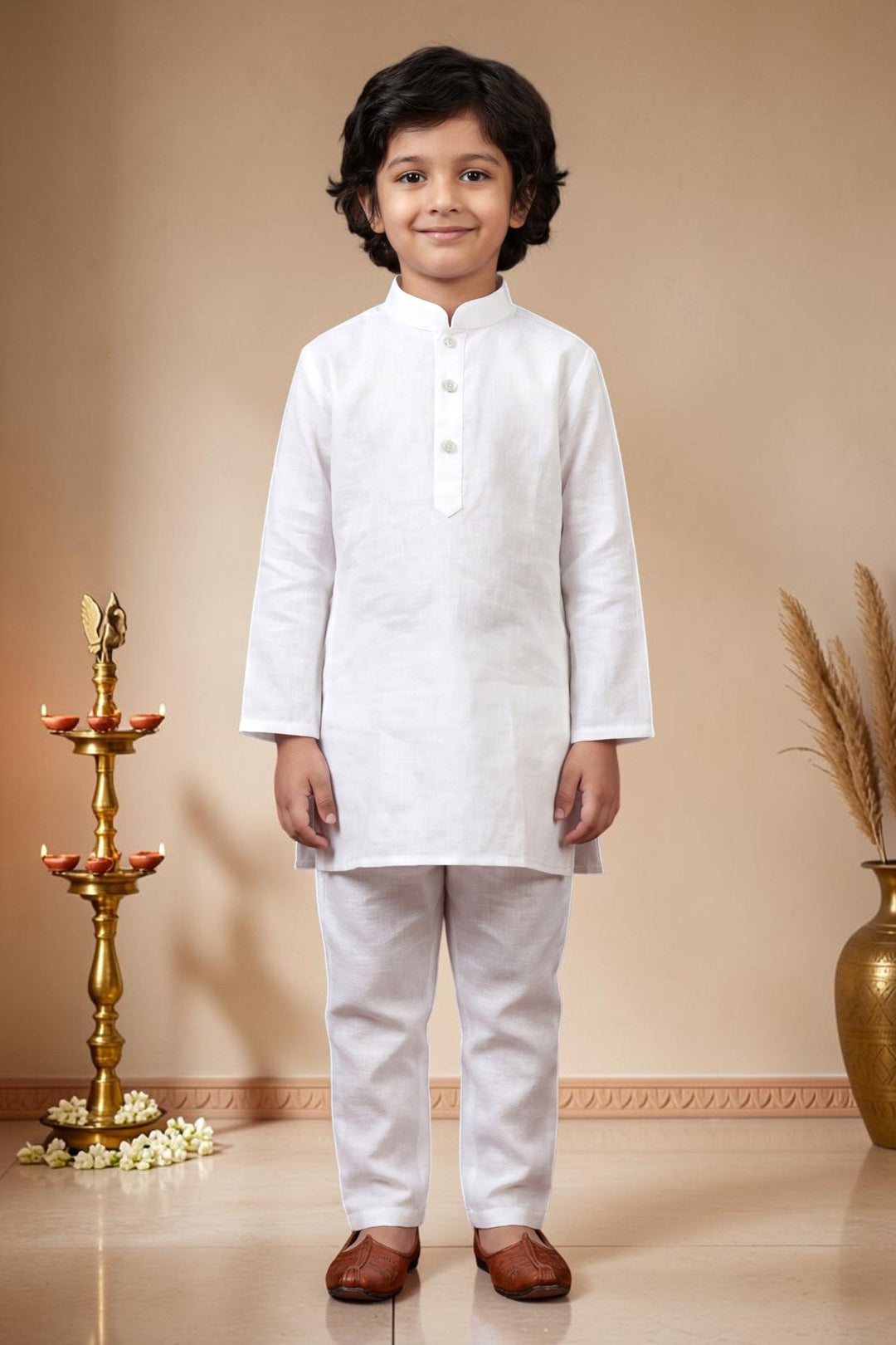 Boys Satin Kurta Trouser Set With Floral Embroidered Sequined Waistcoat & Necklace - White | SHOBITAM