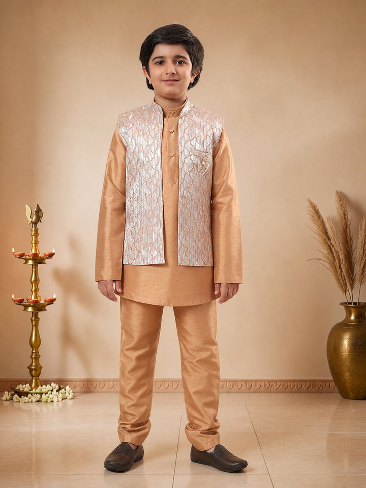 Boys Cotton Silk Kurta Pyjama Set With Geometric Jacquard Waistcoat - Golden | SHOBITAM