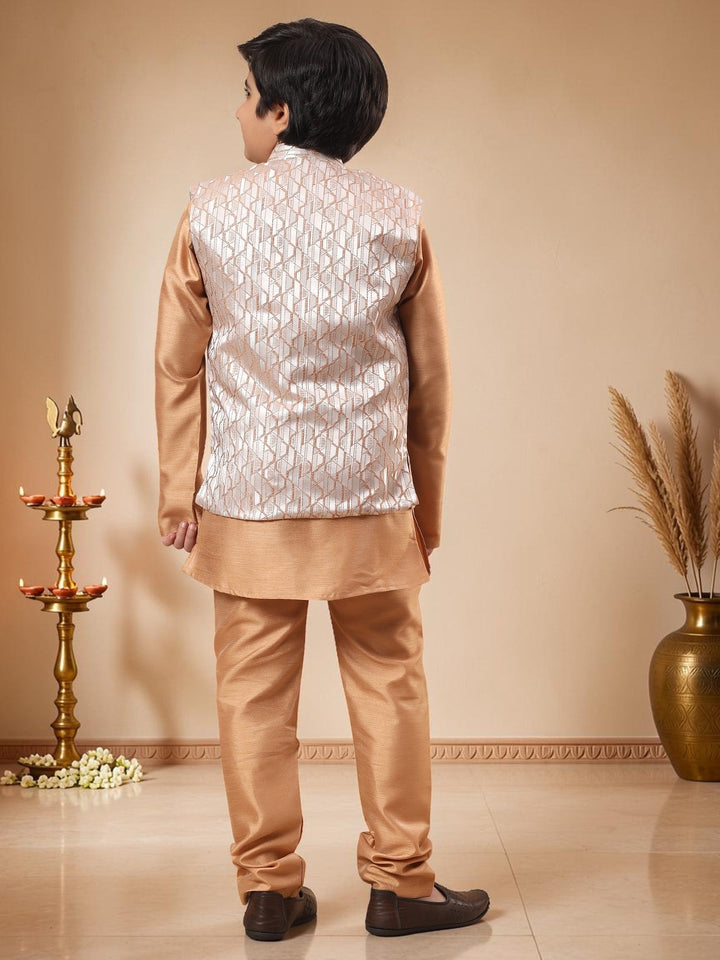 Boys Cotton Silk Kurta Pyjama Set With Geometric Jacquard Waistcoat - Golden | SHOBITAM