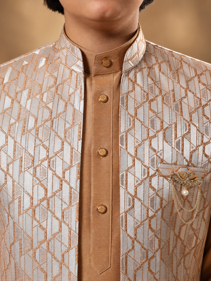 Boys Cotton Silk Kurta Pyjama Set With Geometric Jacquard Waistcoat - Golden | SHOBITAM