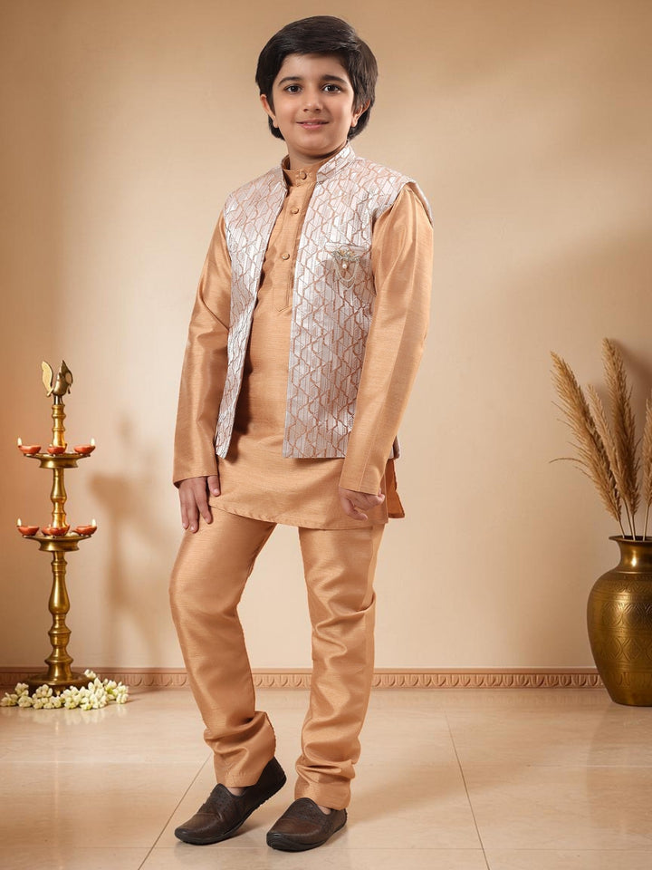 Boys Cotton Silk Kurta Pyjama Set With Geometric Jacquard Waistcoat - Golden | SHOBITAM