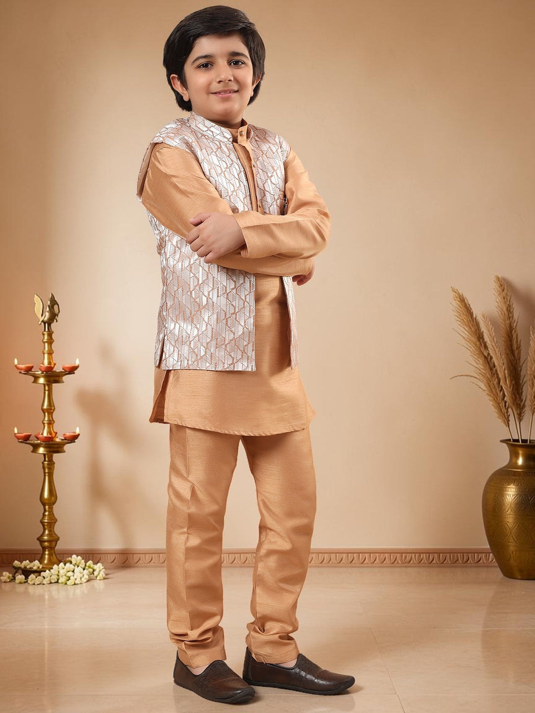 Boys Cotton Silk Kurta Pyjama Set With Geometric Jacquard Waistcoat - Golden | SHOBITAM