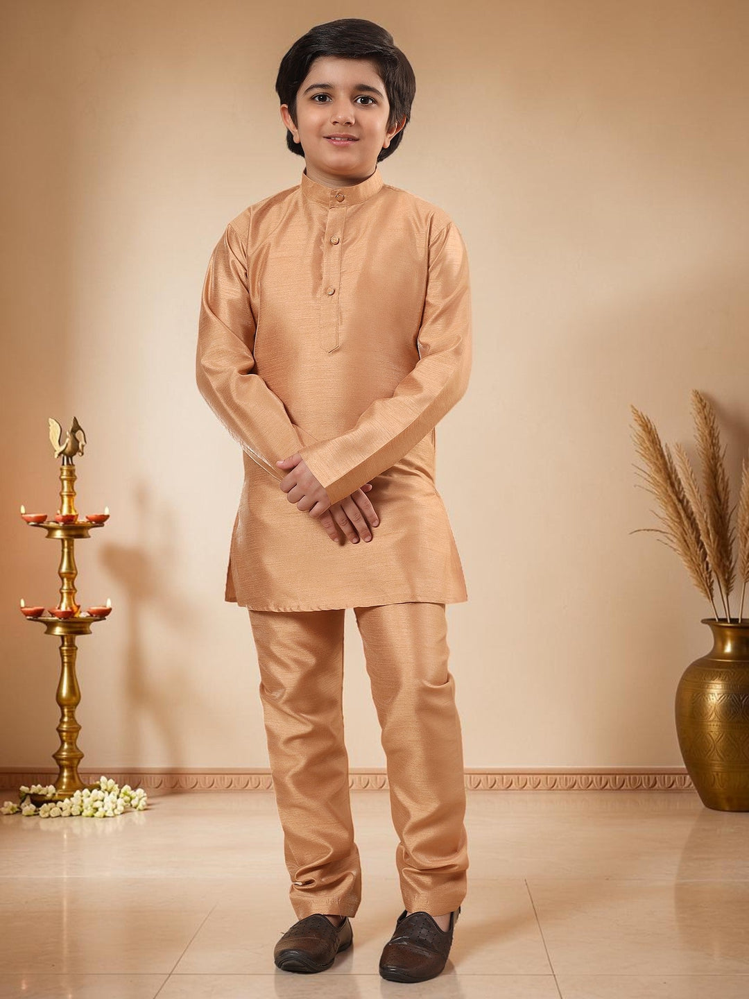 Boys Cotton Silk Kurta Pyjama Set With Geometric Jacquard Waistcoat - Golden | SHOBITAM
