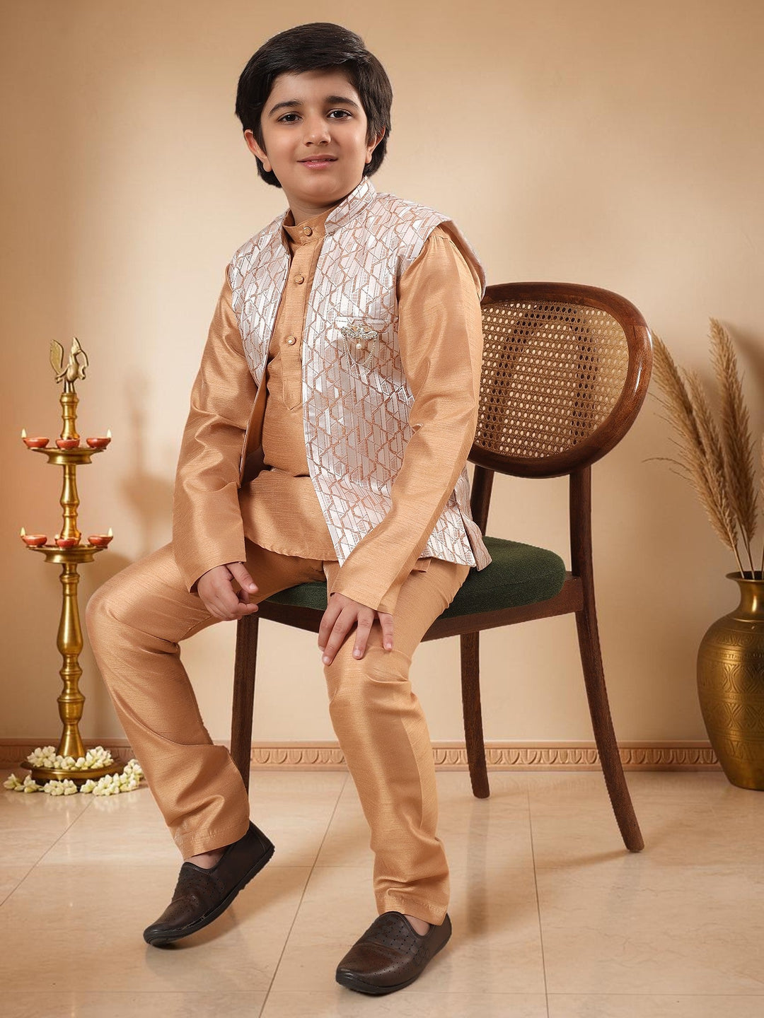 Boys Cotton Silk Kurta Pyjama Set With Geometric Jacquard Waistcoat - Golden | SHOBITAM