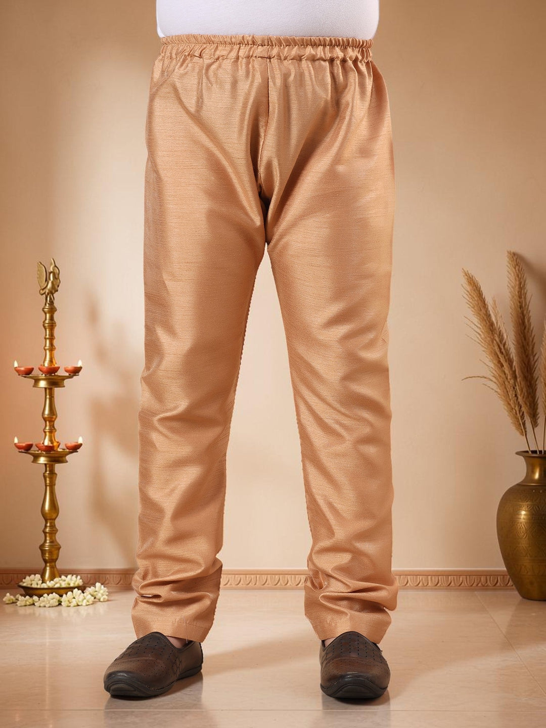 Boys Cotton Silk Kurta Pyjama Set With Geometric Jacquard Waistcoat - Golden | SHOBITAM