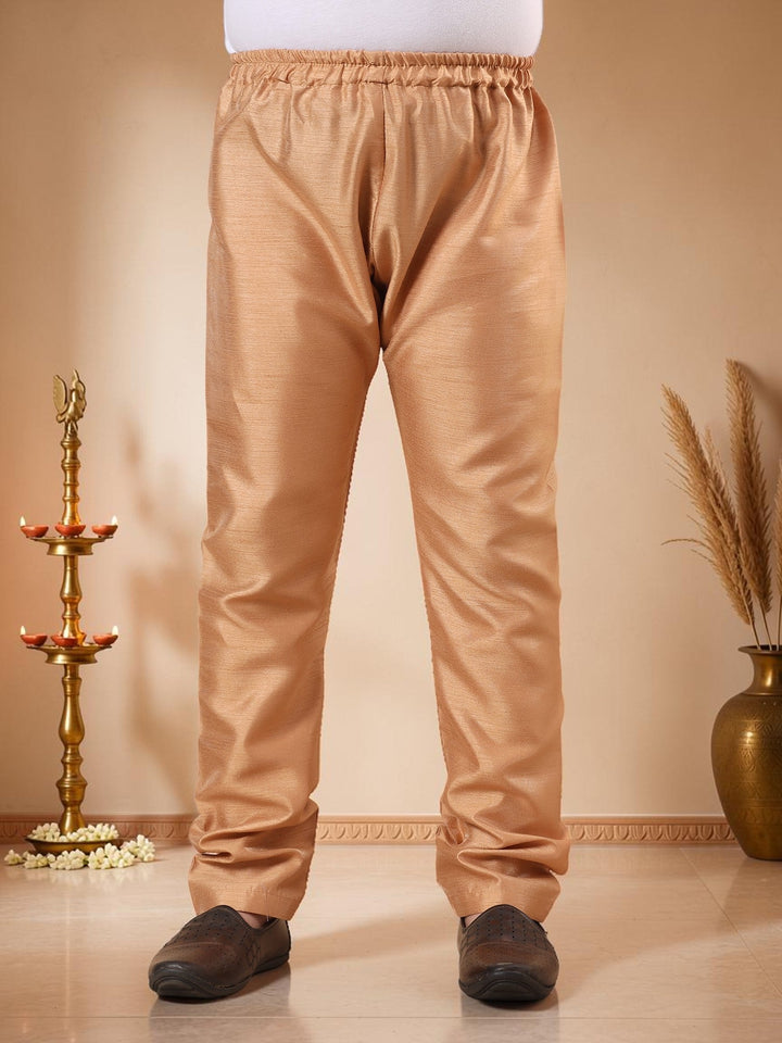 Boys Cotton Silk Kurta Pyjama Set With Geometric Jacquard Waistcoat - Golden | SHOBITAM