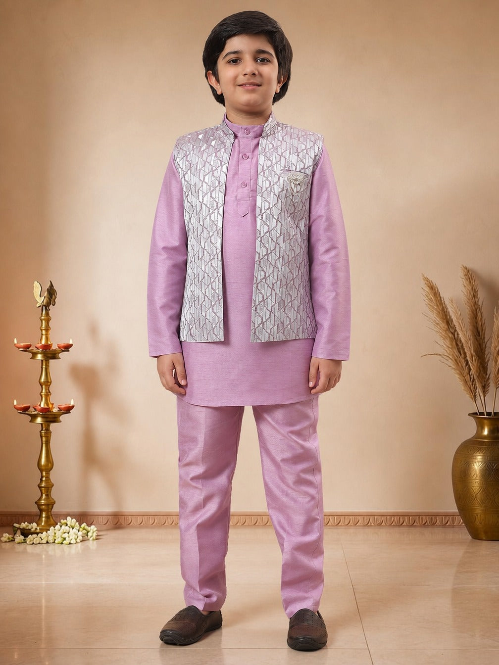 Boys Cotton Silk Kurta Pyjama Set With Geometric Jacquard Waistcoat - Lilac | SHOBITAM