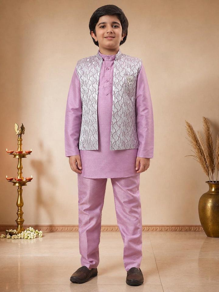 Boys Cotton Silk Kurta Pyjama Set With Geometric Jacquard Waistcoat - Lilac | SHOBITAM