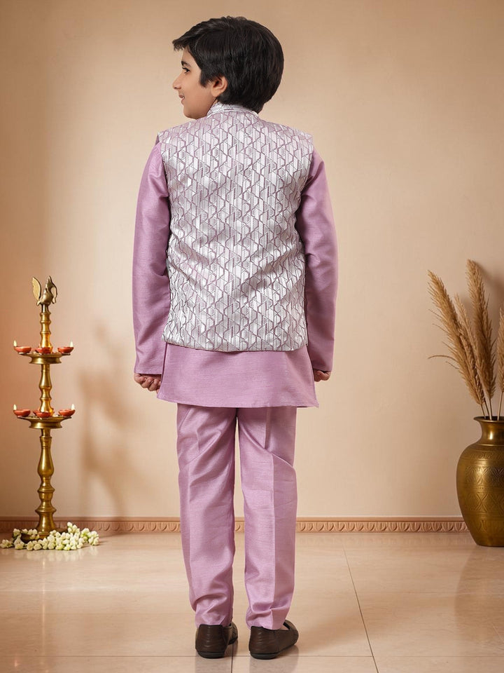 Boys Cotton Silk Kurta Pyjama Set With Geometric Jacquard Waistcoat - Lilac | SHOBITAM