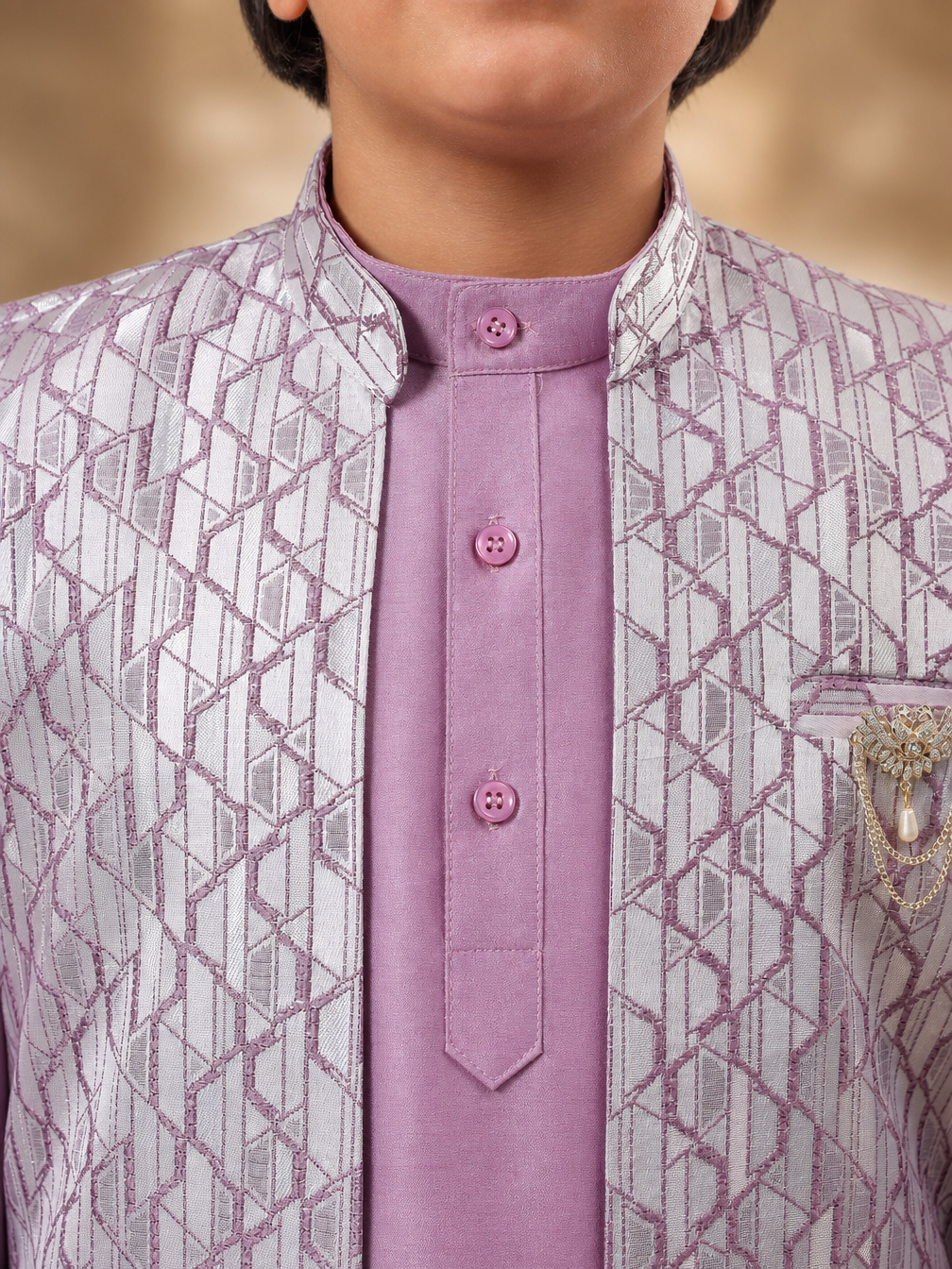 Boys Cotton Silk Kurta Pyjama Set With Geometric Jacquard Waistcoat - Lilac | SHOBITAM
