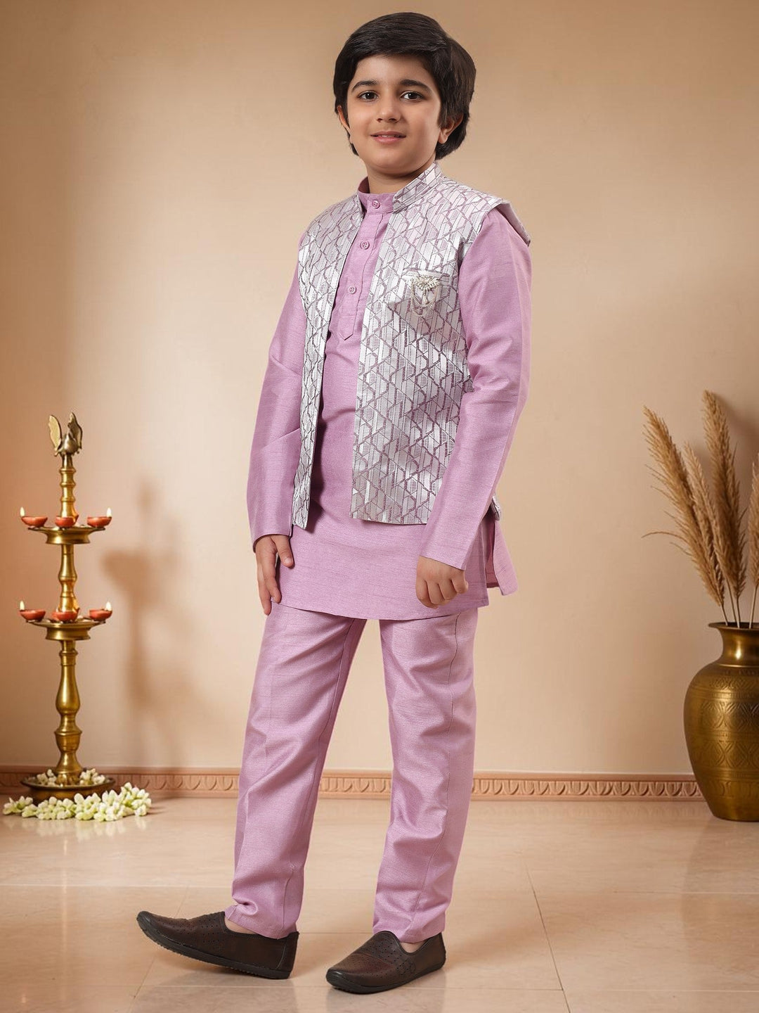 Boys Cotton Silk Kurta Pyjama Set With Geometric Jacquard Waistcoat - Lilac | SHOBITAM