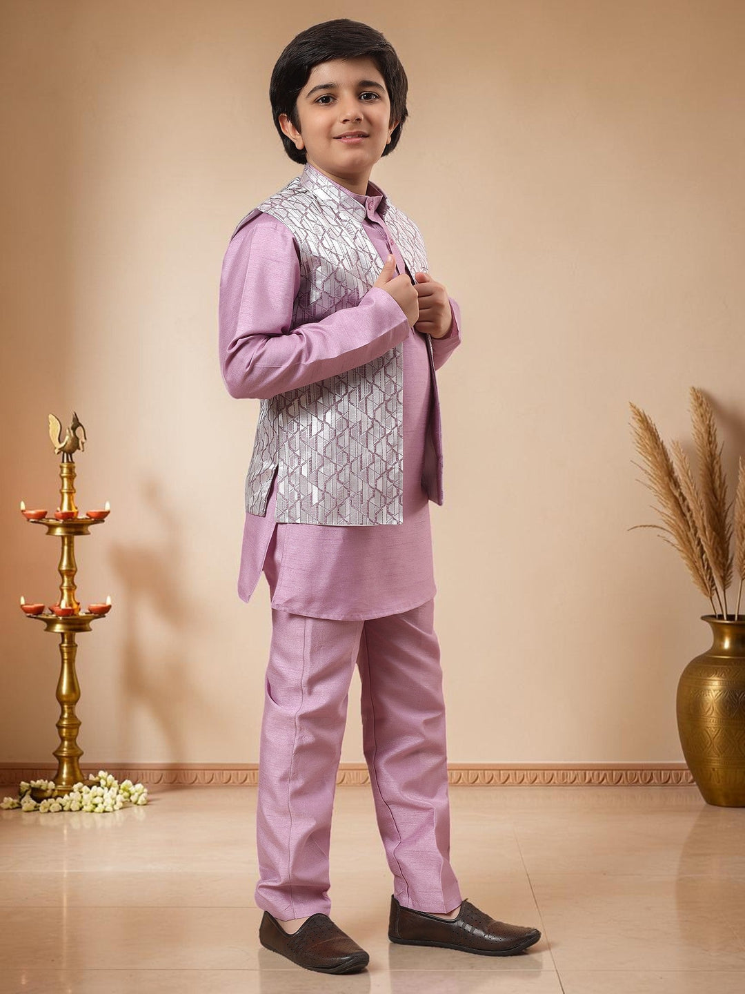 Boys Cotton Silk Kurta Pyjama Set With Geometric Jacquard Waistcoat - Lilac | SHOBITAM